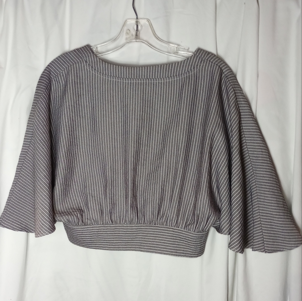 EUC Medium Honey Belle Brown Cream Striped Crop With Cape Sleeves Preppy Baddie - Picture 3 of 7